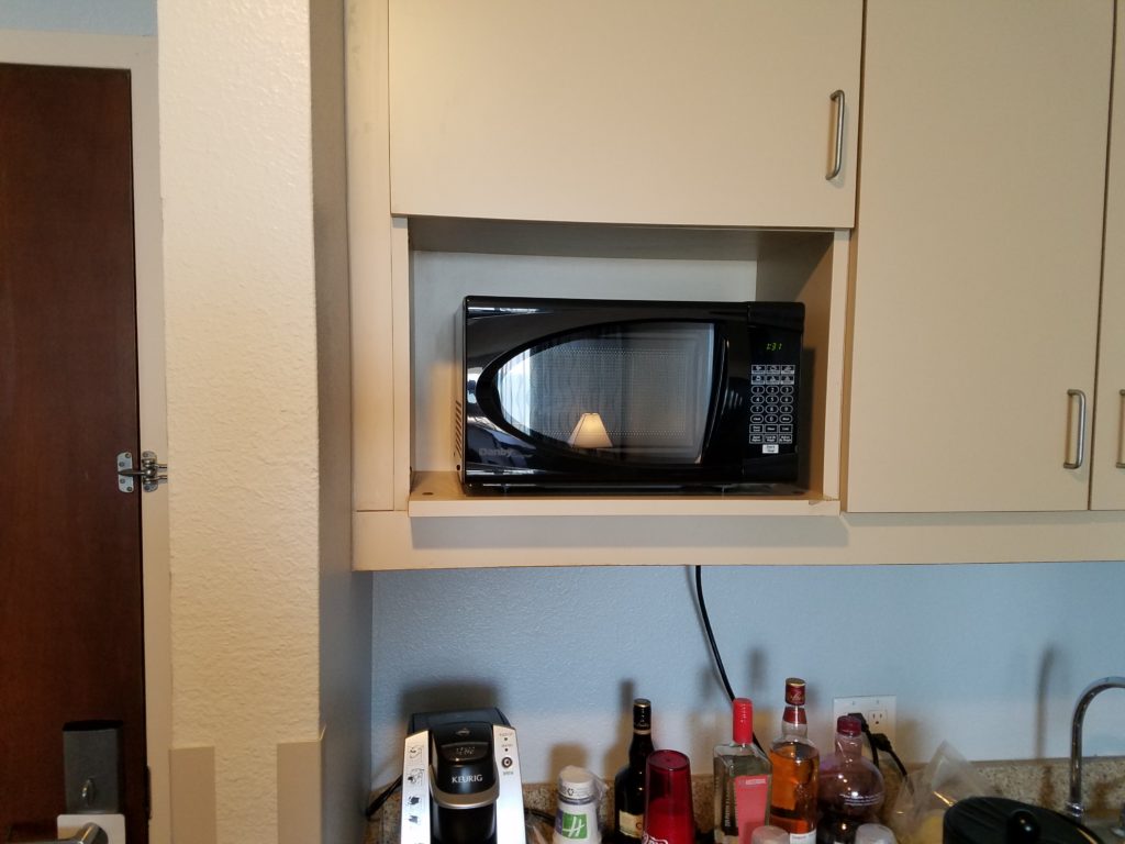 Holiday Inn suite included microwave, kitchen sink, mid sized fridge